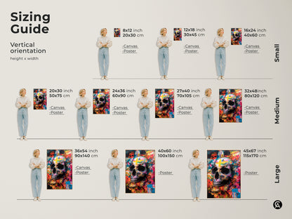 Sizing guide for vertical skull art. Available as canvas or poster prints in small medium and large sizes. Find the perfect fit for your wall. Transform your space with this skull artwork.