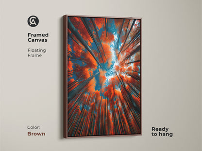 Framed canvas artwork of a forest canopy with a brown floating frame. The art is ready to hang. The vibrant colors of the trees and sky will enhance your decor. A unique addition to any space.