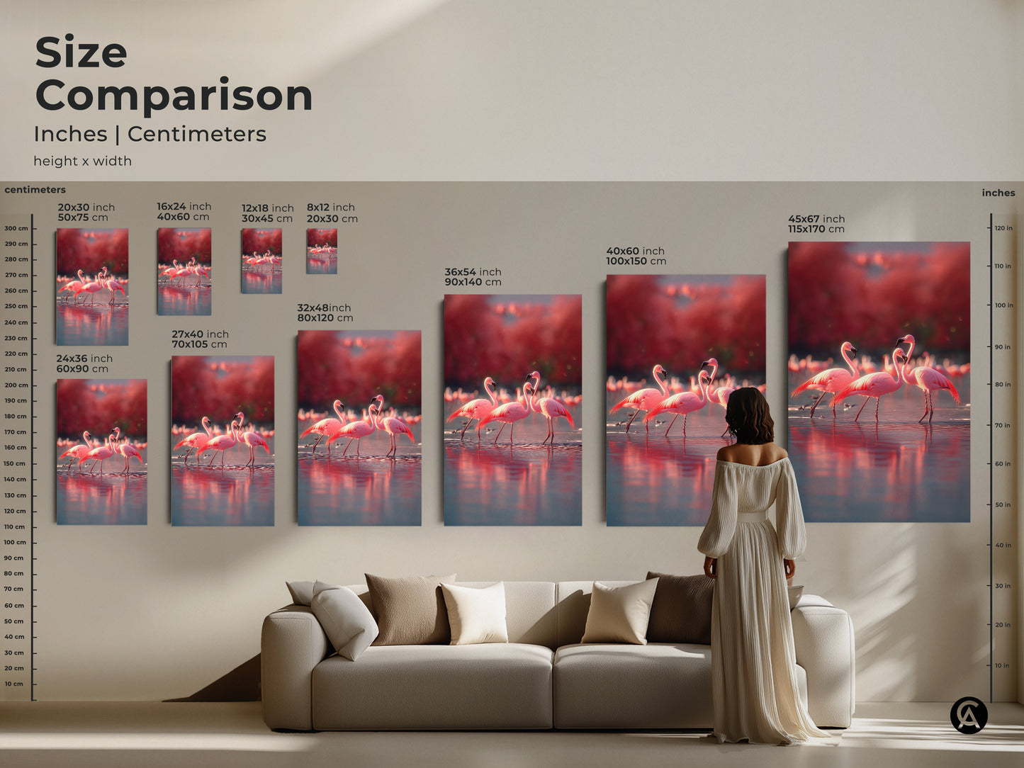 Size comparison of flamingo artwork in inches and centimeters. See how each size fits with furniture. Perfect for coastal beach house decor. Rose coral tones bring elegance. This wildlife gift is perfect for animal lovers. Find the ideal size for your space. Enhance your home with nature inspired art.