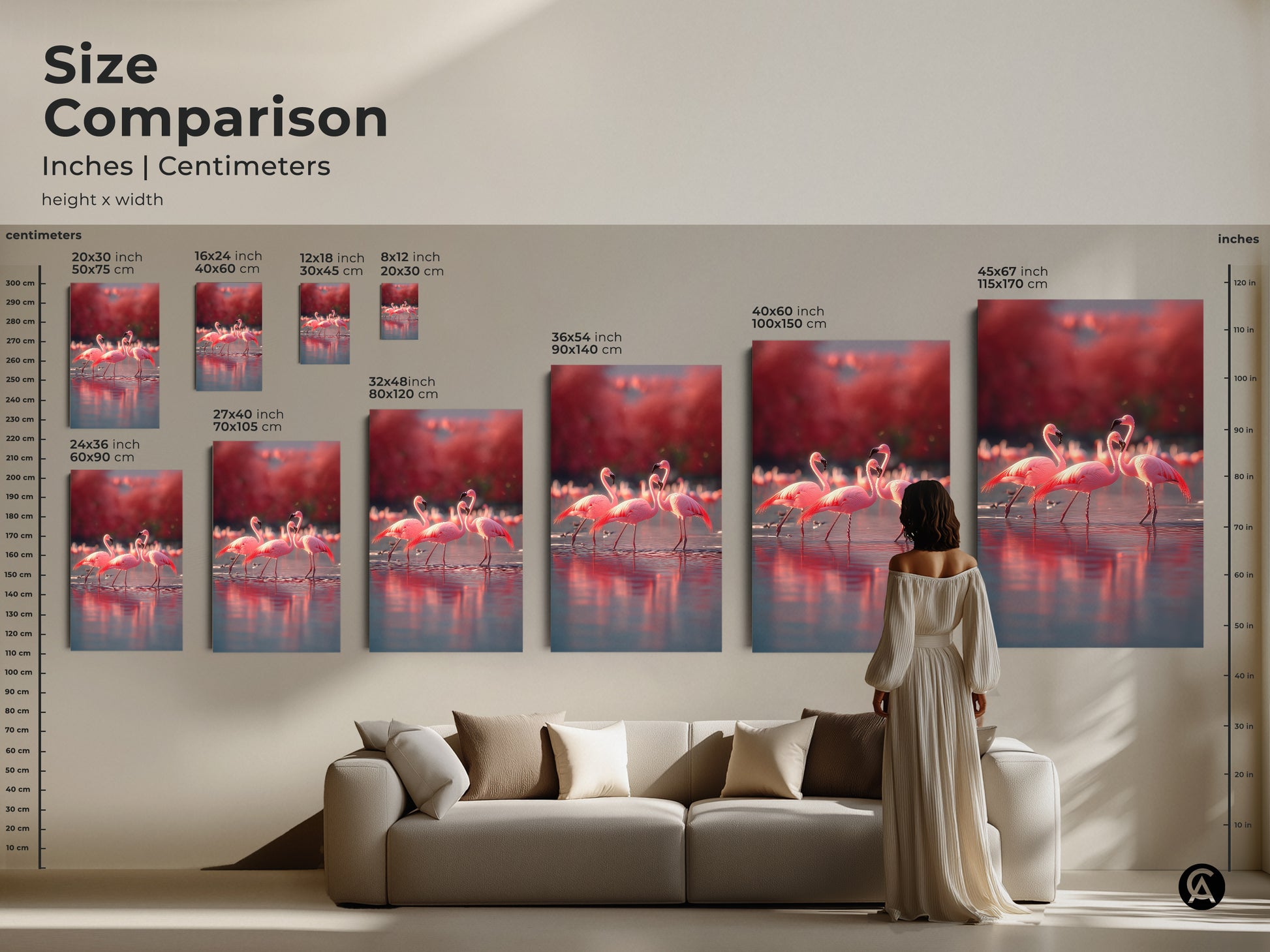 Size comparison of flamingo artwork in inches and centimeters. See how each size fits with furniture. Perfect for coastal beach house decor. Rose coral tones bring elegance. This wildlife gift is perfect for animal lovers. Find the ideal size for your space. Enhance your home with nature inspired art.