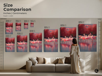Size comparison of flamingo artwork in inches and centimeters. See how each size fits with furniture. Perfect for coastal beach house decor. Rose coral tones bring elegance. This wildlife gift is perfect for animal lovers. Find the ideal size for your space. Enhance your home with nature inspired art.