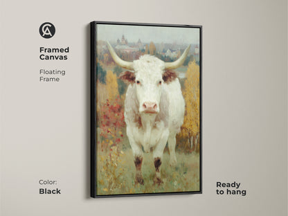 Elevate your decor with this framed canvas art of a longhorn cow. The black floating frame enhances the artwork. Ready to hang this piece adds a touch of elegance and rustic charm to your living space.