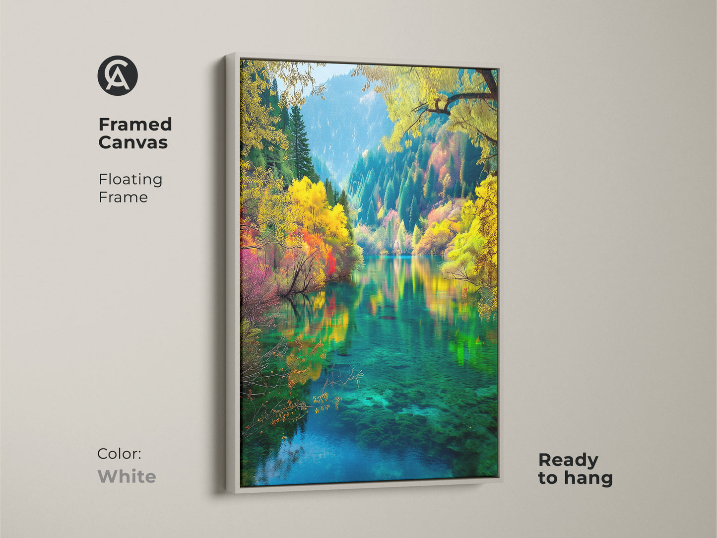 Brighten up your home with this framed canvas artwork. The white floating frame complements the vibrant Jiuzhaigou Valley scene. Ready to hang this piece adds a fresh and serene touch to any room. Perfect wall art for nature enthusiasts.
