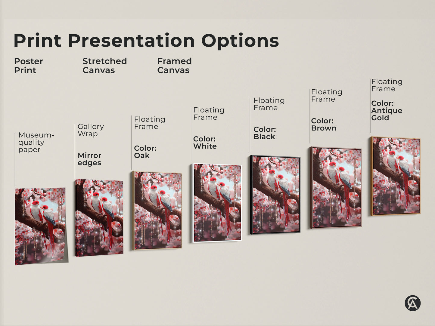 Explore print options with this cherry blossom lovebird artwork. Choose from poster prints stretched canvases or framed canvas. Options for black brown antique gold or white frames. Find perfect romantic wall art.