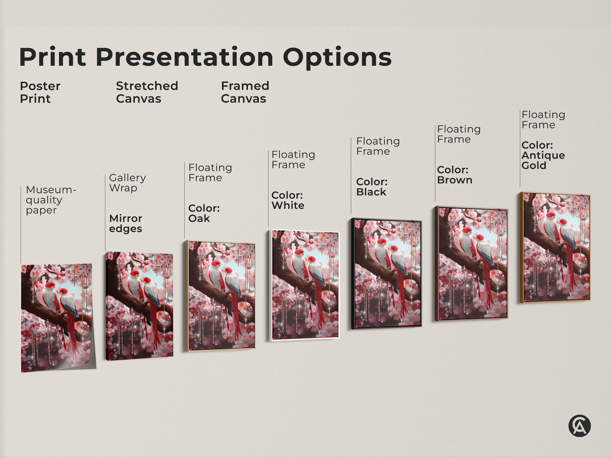 Explore print options with this cherry blossom lovebird artwork. Choose from poster prints stretched canvases or framed canvas. Options for black brown antique gold or white frames. Find perfect romantic wall art.