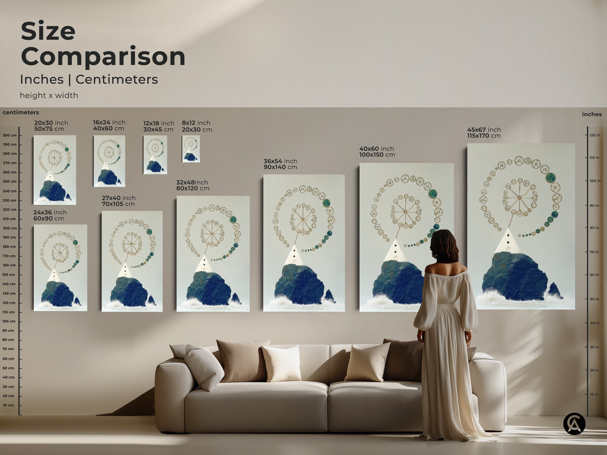 Size comparison for steampunk lighthouse art. Inches and centimeters are shown. It's perfect abstract nautical art for your study office.  The gears and gold navy teal wall decor would be an excellent choice for your space.