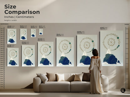 Size comparison for steampunk lighthouse art. Inches and centimeters are shown. It's perfect abstract nautical art for your study office.  The gears and gold navy teal wall decor would be an excellent choice for your space.