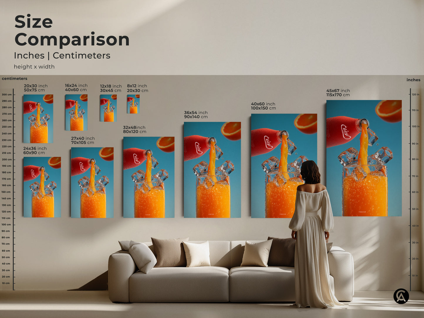 Size comparison of orange juice artwork in inches and centimeters. See how the art fits above a sofa. Visualize different sizes of the contemporary drink art. Perfect for modern kitchen wall art or a unique housewarming present for juice lovers.