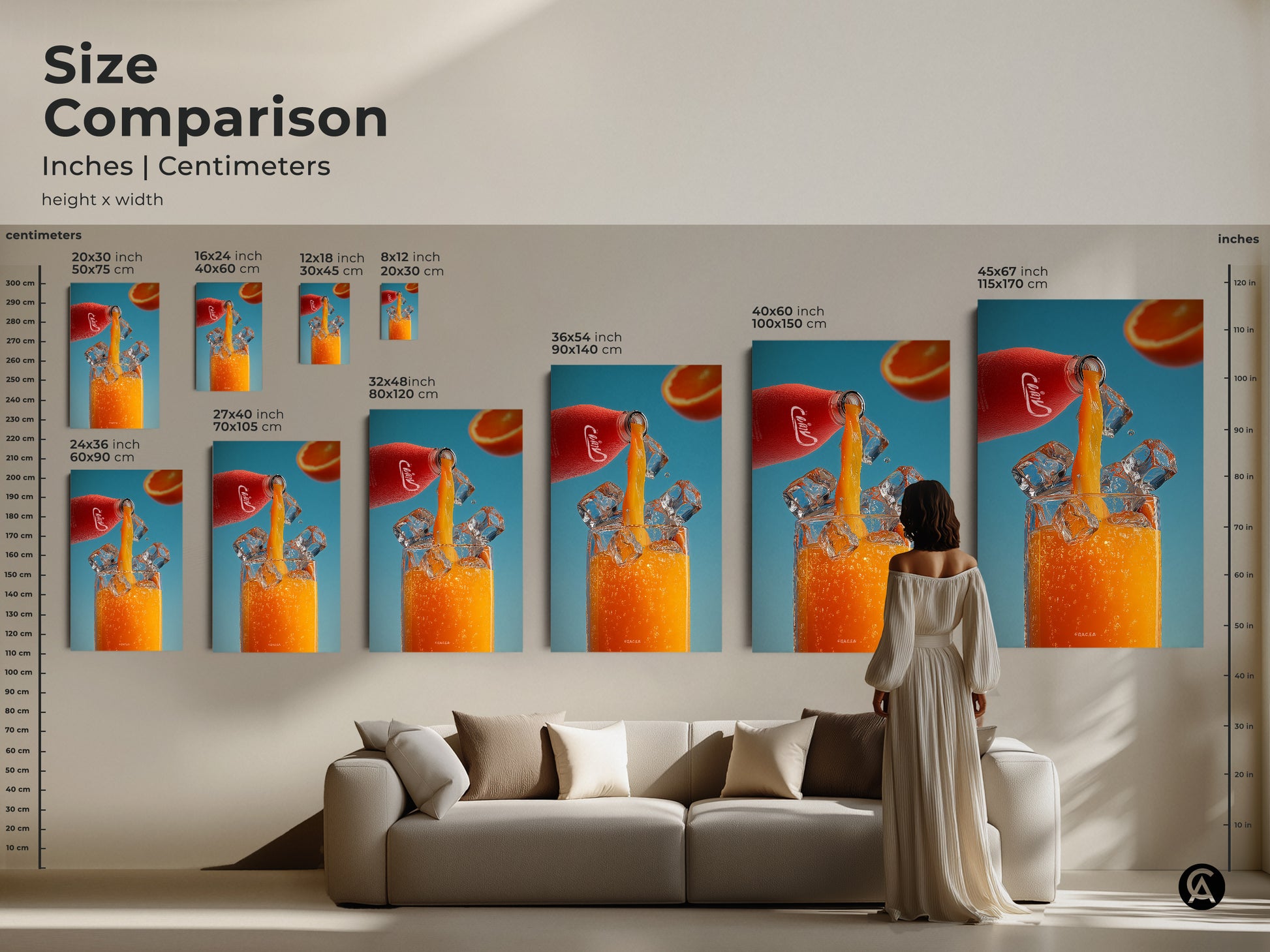 Size comparison of orange juice artwork in inches and centimeters. See how the art fits above a sofa. Visualize different sizes of the contemporary drink art. Perfect for modern kitchen wall art or a unique housewarming present for juice lovers.