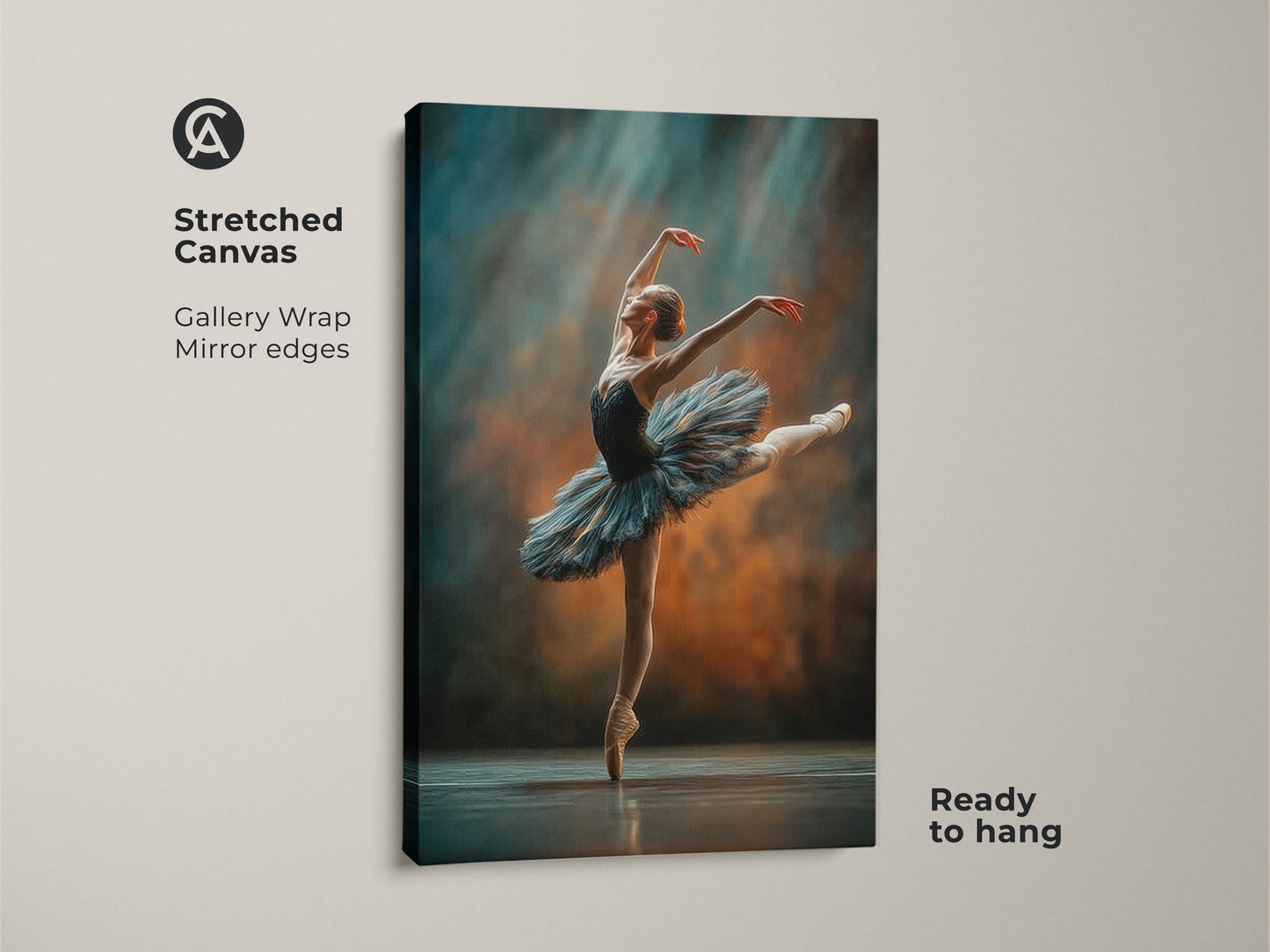 Stretched canvas print of a ballerina. Gallery wrapped with mirrored edges. The ballerina art is ready to hang. The dancer is en pointe in a blue tutu. It is a beautiful piece of wall decor. The background is a blend of blues and browns.