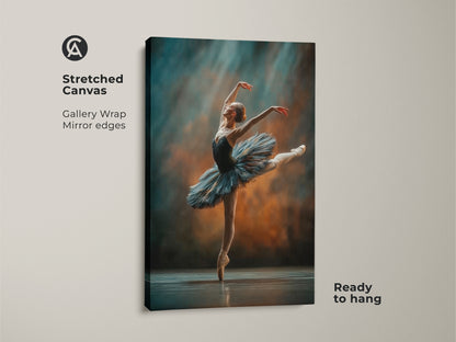 Stretched canvas print of a ballerina. Gallery wrapped with mirrored edges. The ballerina art is ready to hang. The dancer is en pointe in a blue tutu. It is a beautiful piece of wall decor. The background is a blend of blues and browns.
