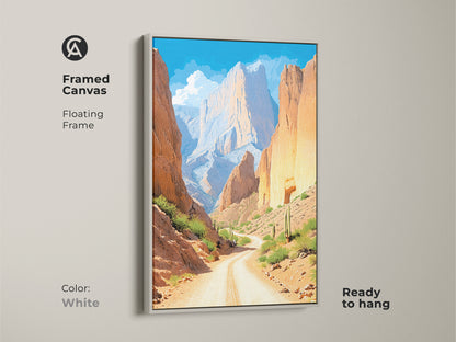 Bring serene desert vibes into your home. The framed canvas art in a white floating frame enhances the mountain landscape. The southwestern canyon road art provides a minimalist style. Great as wall art for a calming nature-inspired decor or a travel lovers gift.