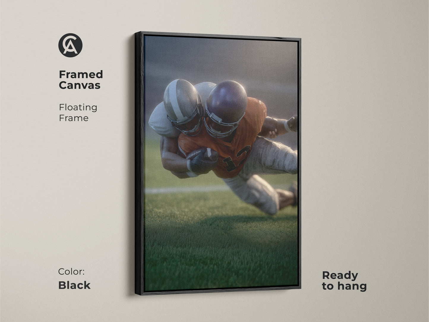 This framed canvas features realistic football artwork with a floating black frame. The sports action wall art is ready to hang. It enhances office decor or a man cave with a touch of modern sports art. An excellent gift for football fans and collectors of dynamic action art.