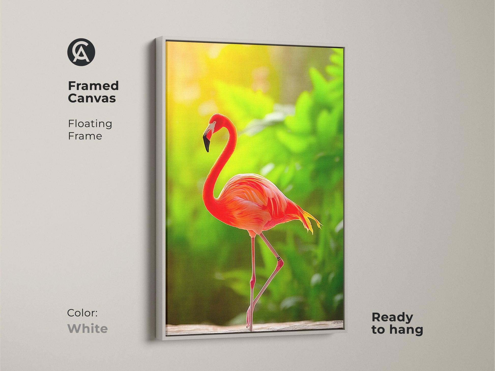 Framed canvas art of a tropical flamingo. The coral orange bird is a vibrant focal point. Floating frame enhances this wildlife artwork. A great addition to boho bedroom decor. Ready to hang with a white frame. It brings nature into your home.
