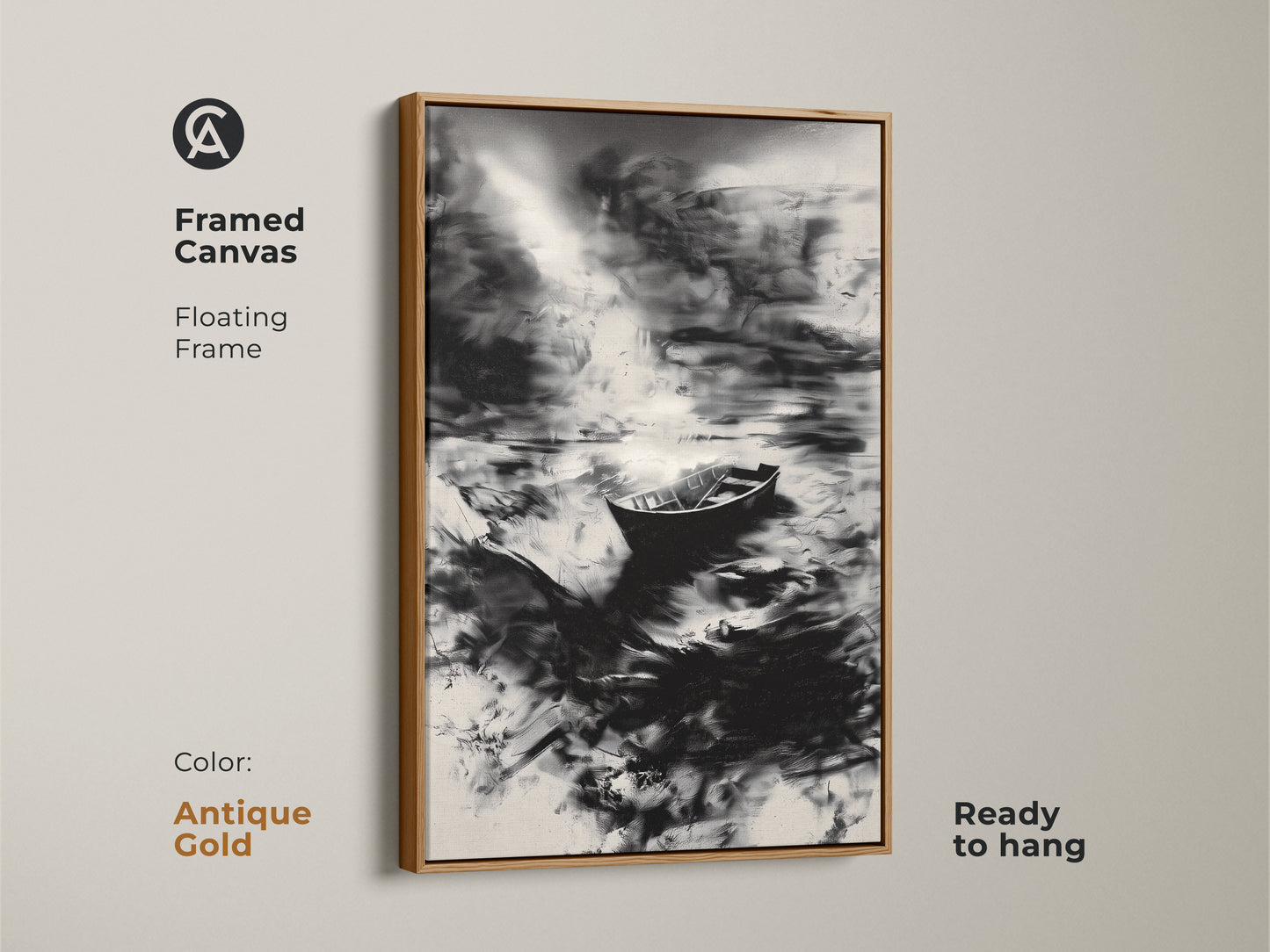 The framed canvas presents a black and white abstract boat art piece with an antique gold frame. The monochrome landscape brings modern decor to any space. Ready to hang this serene water print for instant elegance. It's a perfect piece of abstract nature artwork. Perfect for your office wall.