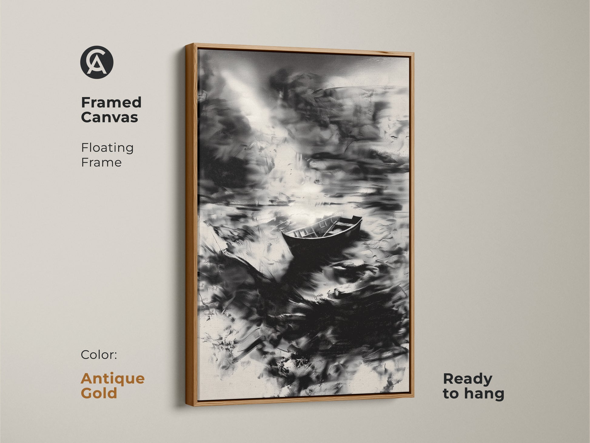 The framed canvas presents a black and white abstract boat art piece with an antique gold frame. The monochrome landscape brings modern decor to any space. Ready to hang this serene water print for instant elegance. It's a perfect piece of abstract nature artwork. Perfect for your office wall.
