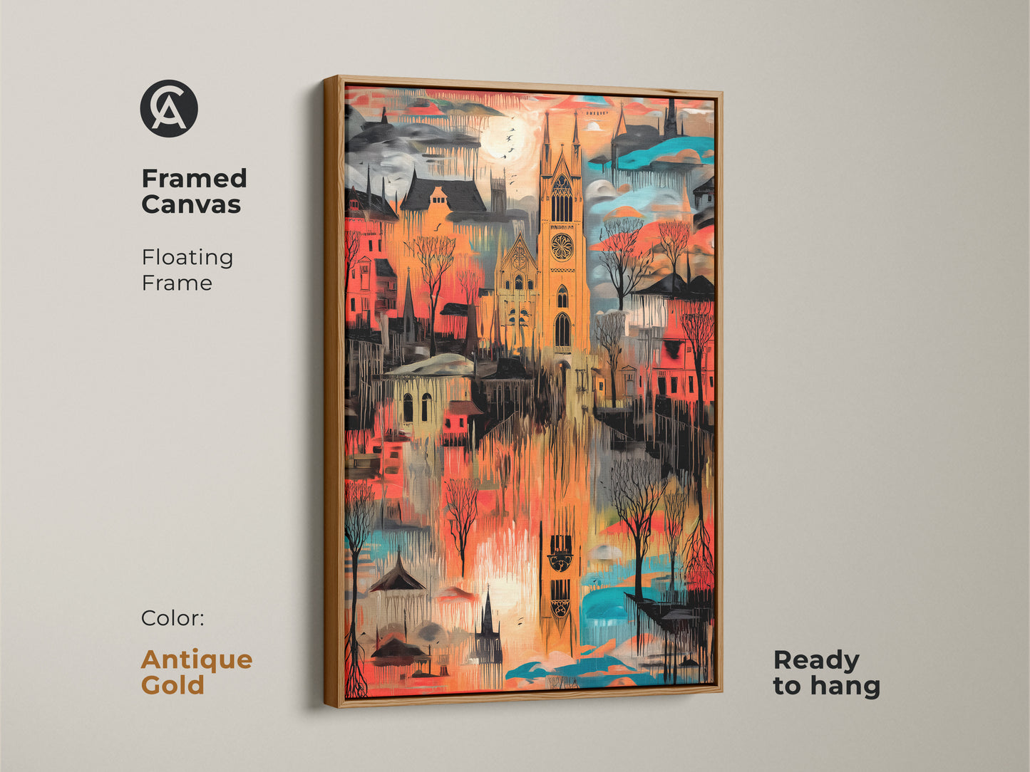 Framed in an antique gold floating frame this expressive cityscape artwork of a gothic cathedral is ready to hang. This orange red and teal art print is perfect for eclectic home decor and makes a great traveler housewarming gift.