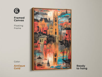 Framed in an antique gold floating frame this expressive cityscape artwork of a gothic cathedral is ready to hang. This orange red and teal art print is perfect for eclectic home decor and makes a great traveler housewarming gift.