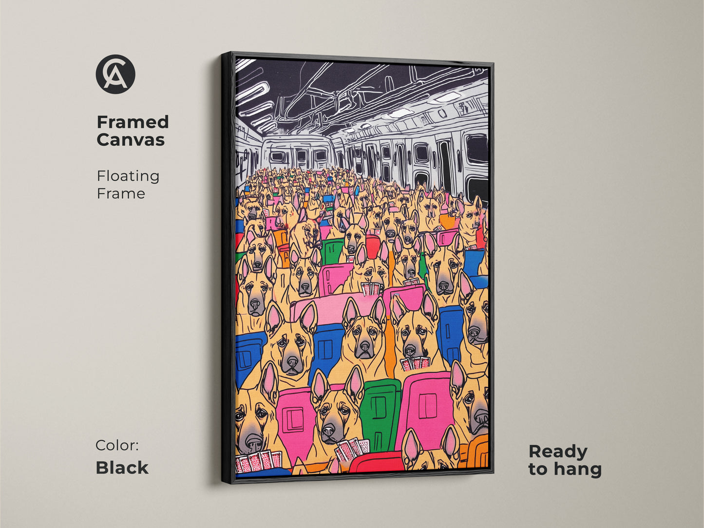 This framed canvas features cartoon dogs commuting on a subway in a lively pop art style. Encased in a sleek black floating frame and ready to hang. This artwork brings an eclectic and humorous touch to any room. It is perfect for dog lovers.