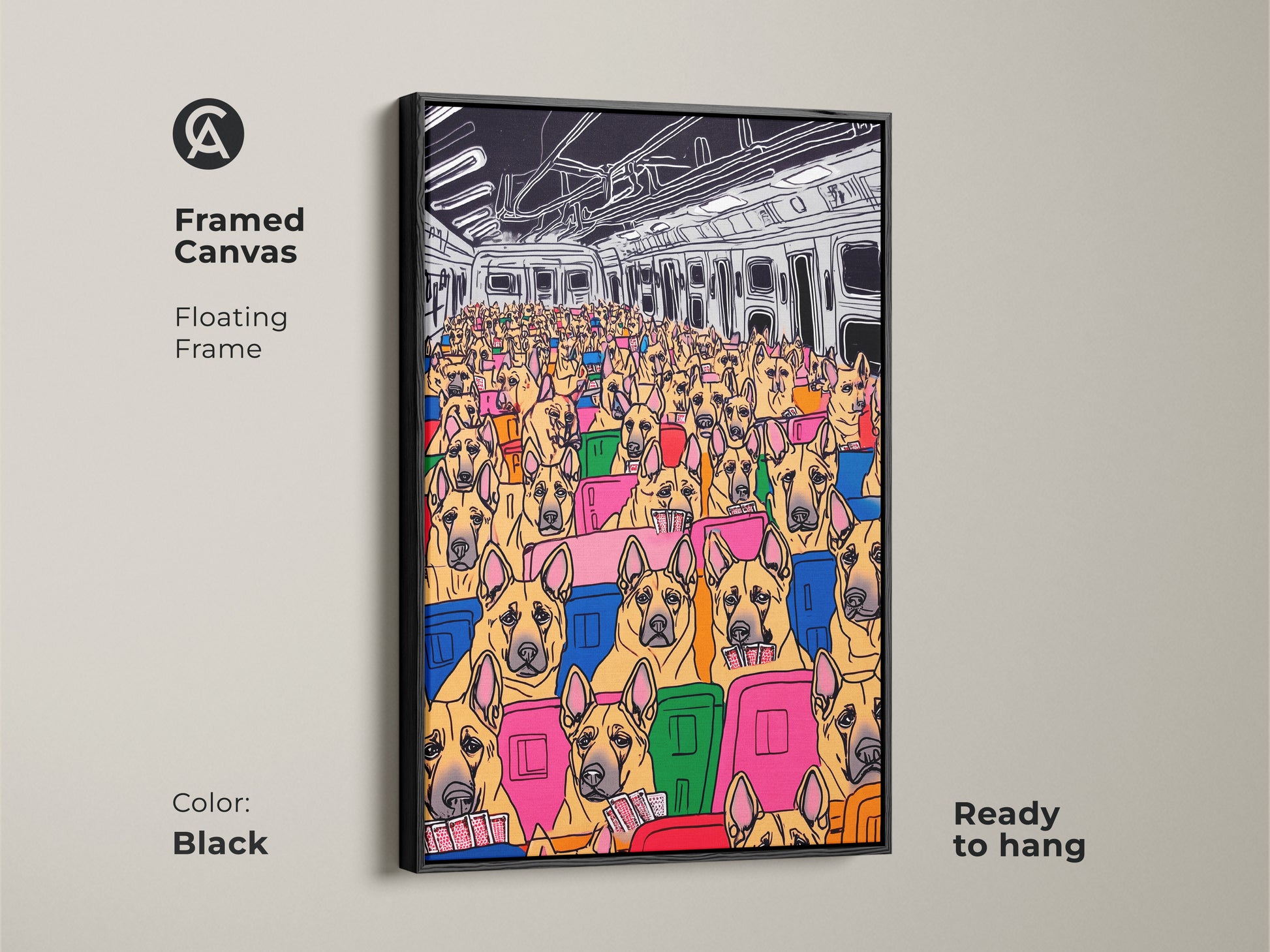 This framed canvas features cartoon dogs commuting on a subway in a lively pop art style. Encased in a sleek black floating frame and ready to hang. This artwork brings an eclectic and humorous touch to any room. It is perfect for dog lovers.
