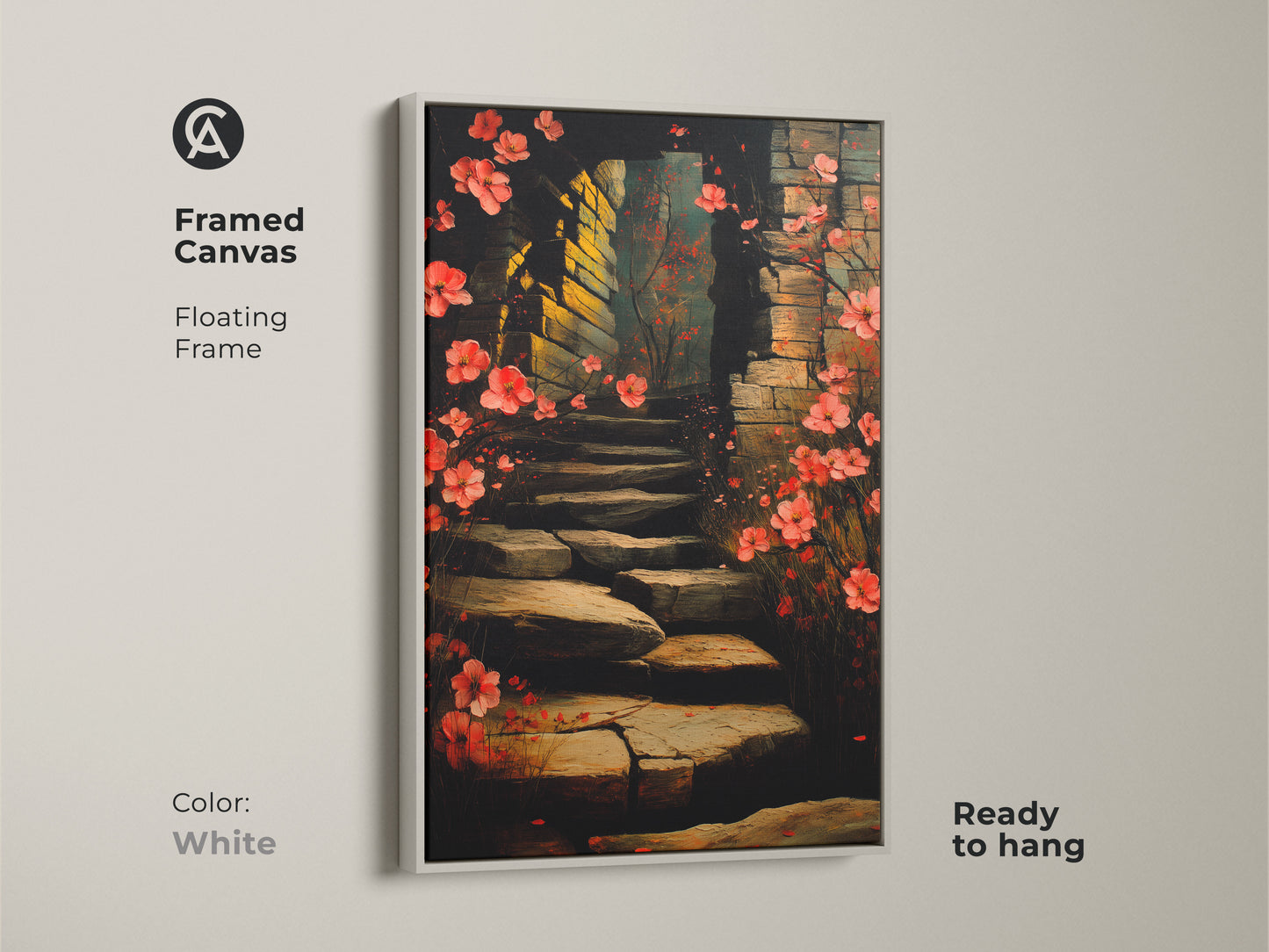 Botanical archway canvas art framed in white. The floral stairway artwork features red and pink blossoms. A romantic and nature-inspired boho decor print. The floating frame enhances its artistic charm. Its ready to hang and brightens any room.