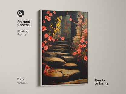 Botanical archway canvas art framed in white. The floral stairway artwork features red and pink blossoms. A romantic and nature-inspired boho decor print. The floating frame enhances its artistic charm. Its ready to hang and brightens any room.