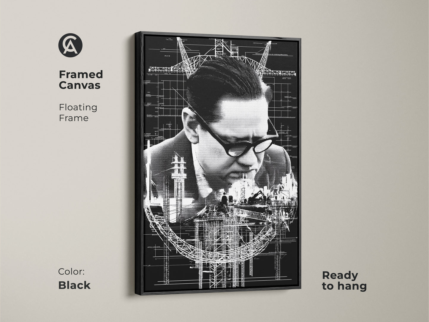 Black framed canvas with floating frame showcases industrial blueprint artwork. Ready to hang monochrome construction print for the office. A great civil engineer gift idea. The technical drawing is crisp and detailed.