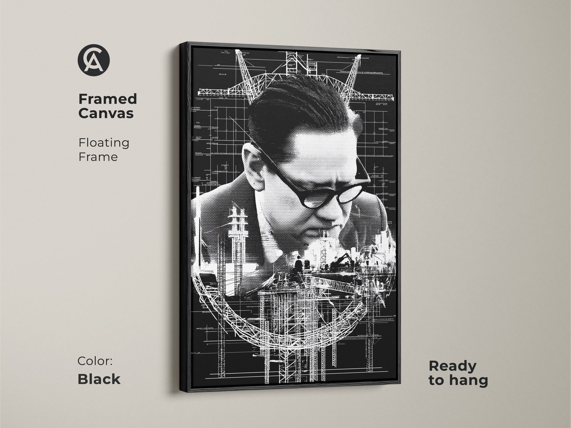 Black framed canvas with floating frame showcases industrial blueprint artwork. Ready to hang monochrome construction print for the office. A great civil engineer gift idea. The technical drawing is crisp and detailed.