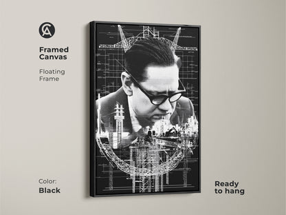 Black framed canvas with floating frame showcases industrial blueprint artwork. Ready to hang monochrome construction print for the office. A great civil engineer gift idea. The technical drawing is crisp and detailed.