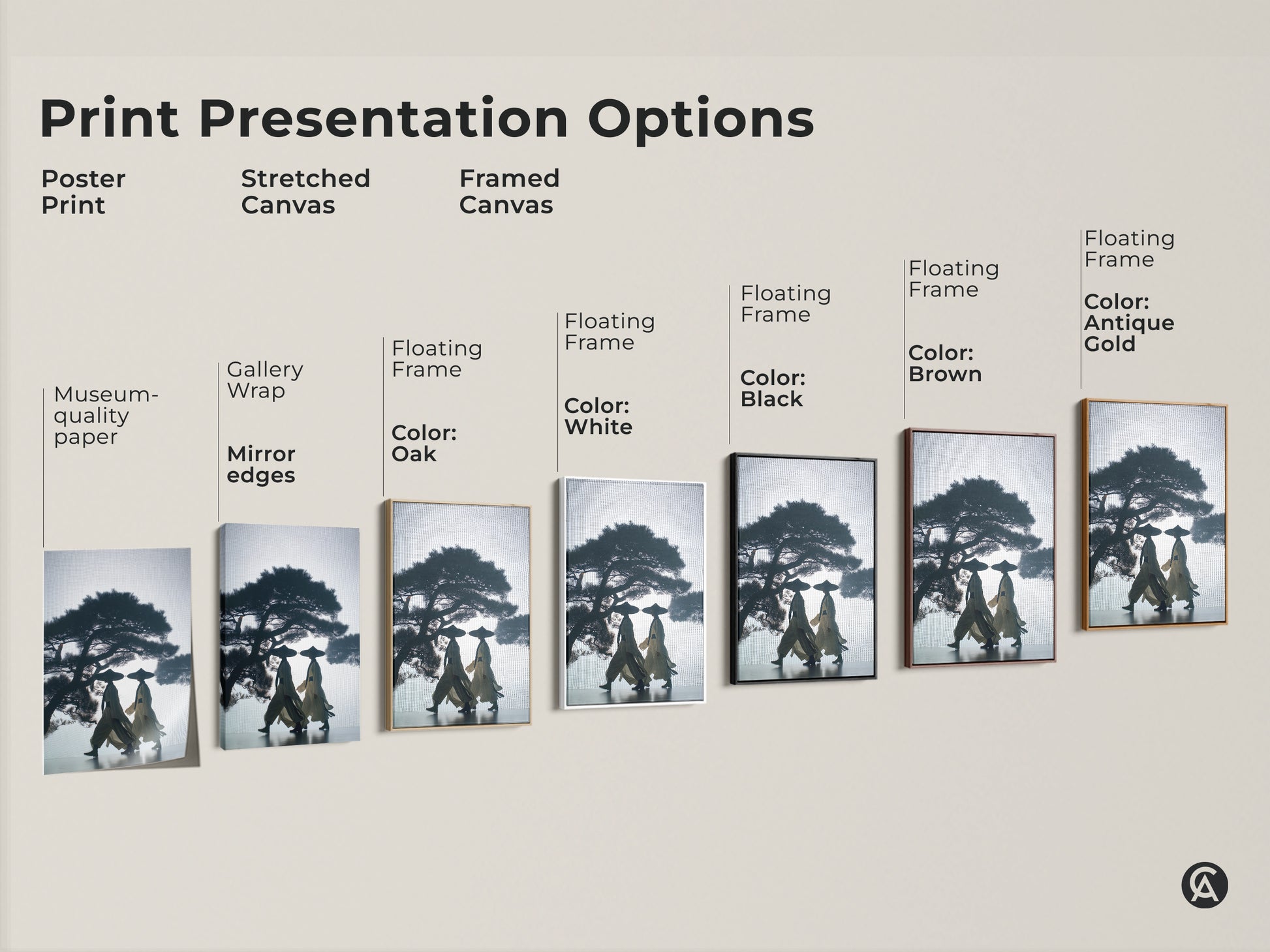 Explore print presentation options for silhouetted figures art. Choose from poster stretched or framed canvas. The Japandi wall decor in dark blue and beige tones suits any style. Find the perfect travel or housewarming gift with museum-quality edges.