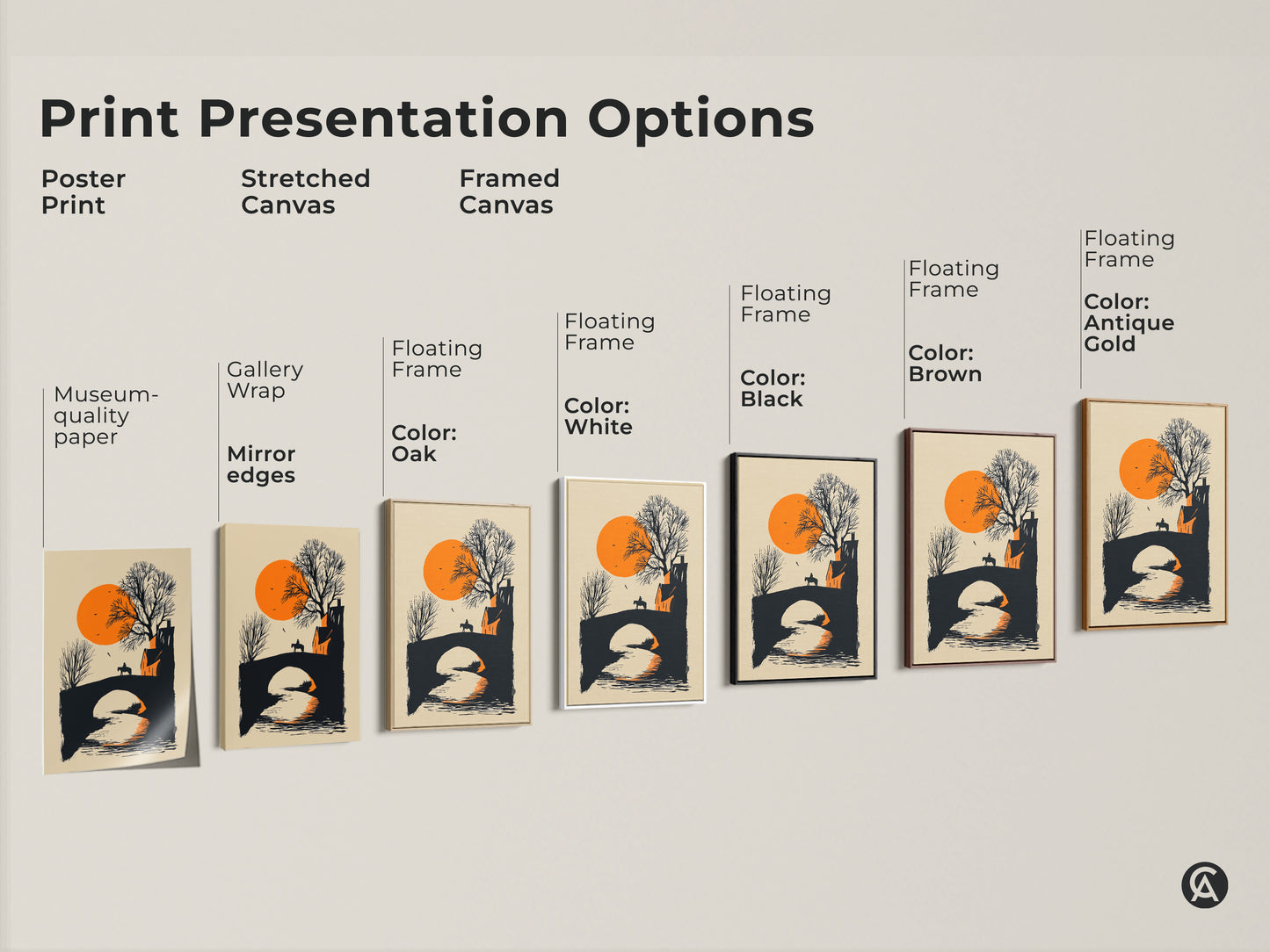 Explore print presentation options for minimalist horse rider bridge art. Choose from poster stretched or framed canvas. Floating frames available in oak white black brown and antique gold. Perfect for adding a modern farmhouse touch with this orange and black sunset landscape. Ideal for unique wall decor.