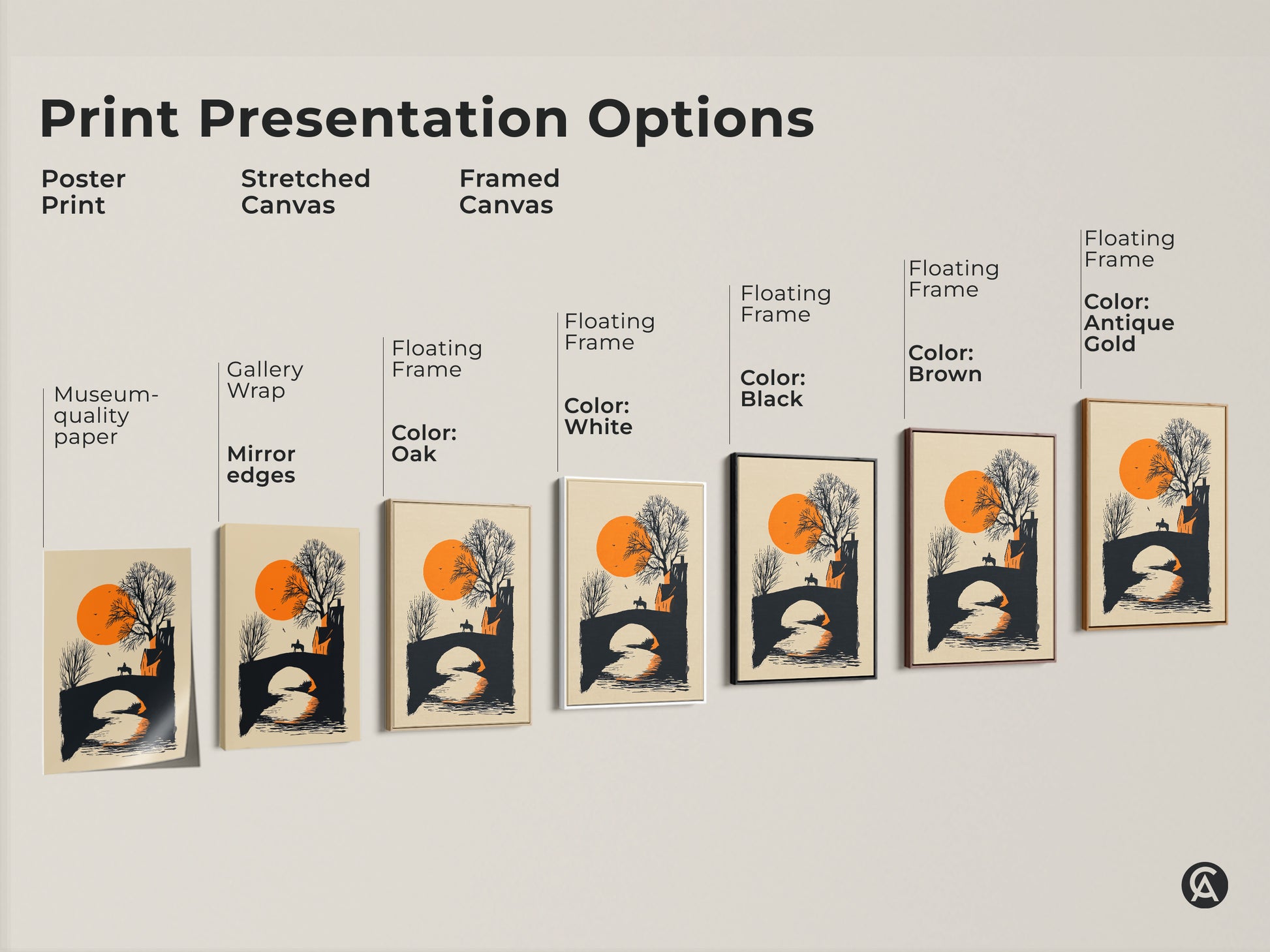 Explore print presentation options for minimalist horse rider bridge art. Choose from poster stretched or framed canvas. Floating frames available in oak white black brown and antique gold. Perfect for adding a modern farmhouse touch with this orange and black sunset landscape. Ideal for unique wall decor.