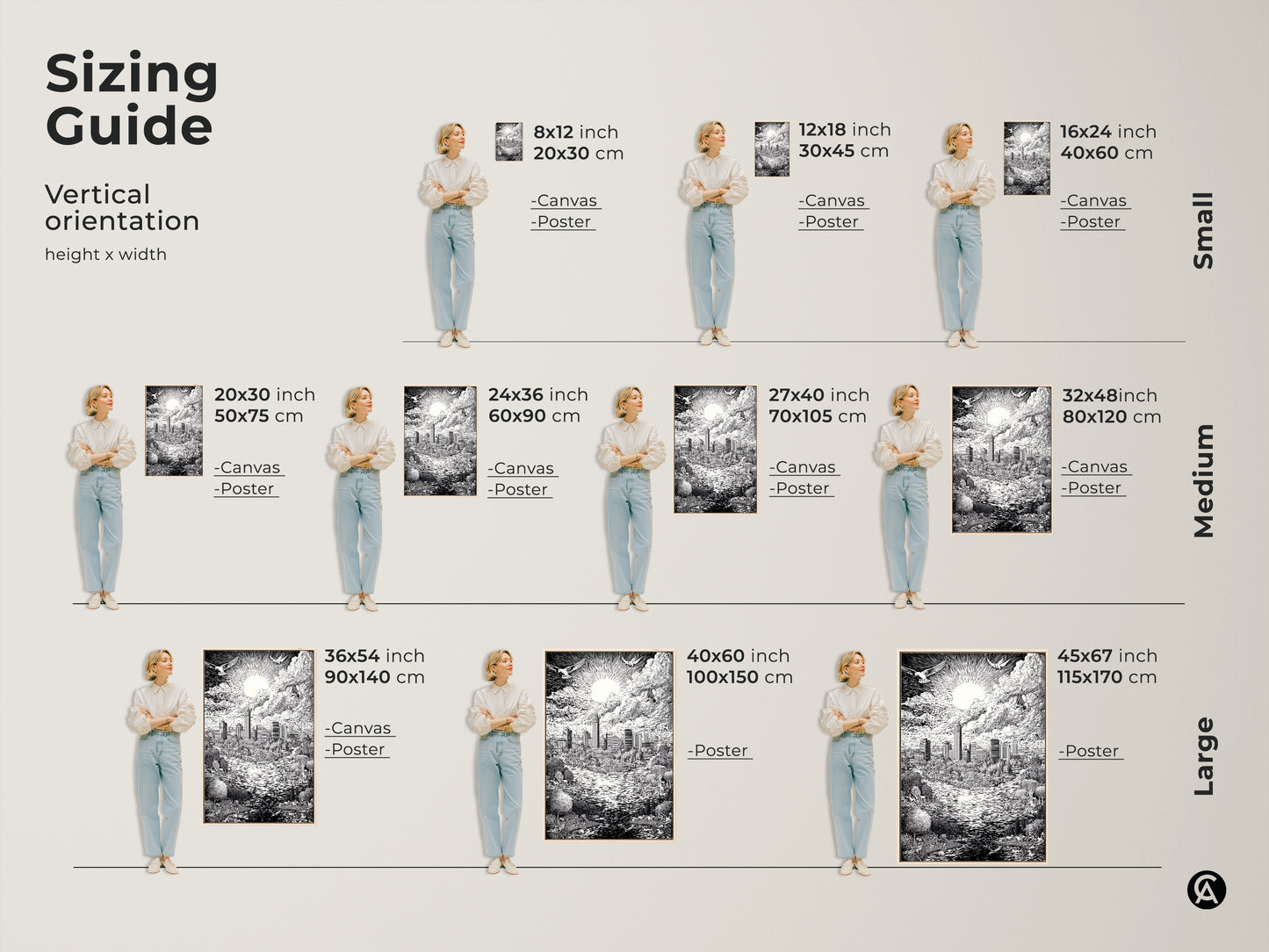 Sizing guide for the Austin Texas Skyline art print. Find the perfect fit for your space. Vertical orientation options include small medium and large sizes. Visualize how each size enhances your room. Available as a canvas or poster.