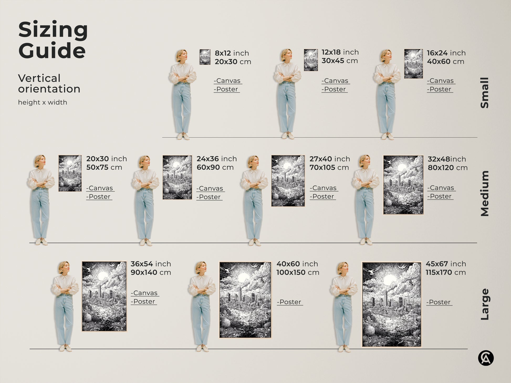 Sizing guide for the Austin Texas Skyline art print. Find the perfect fit for your space. Vertical orientation options include small medium and large sizes. Visualize how each size enhances your room. Available as a canvas or poster.