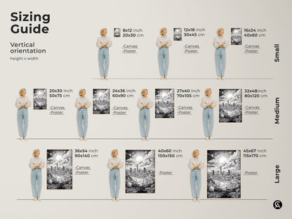 Sizing guide for the Austin Texas Skyline art print. Find the perfect fit for your space. Vertical orientation options include small medium and large sizes. Visualize how each size enhances your room. Available as a canvas or poster.