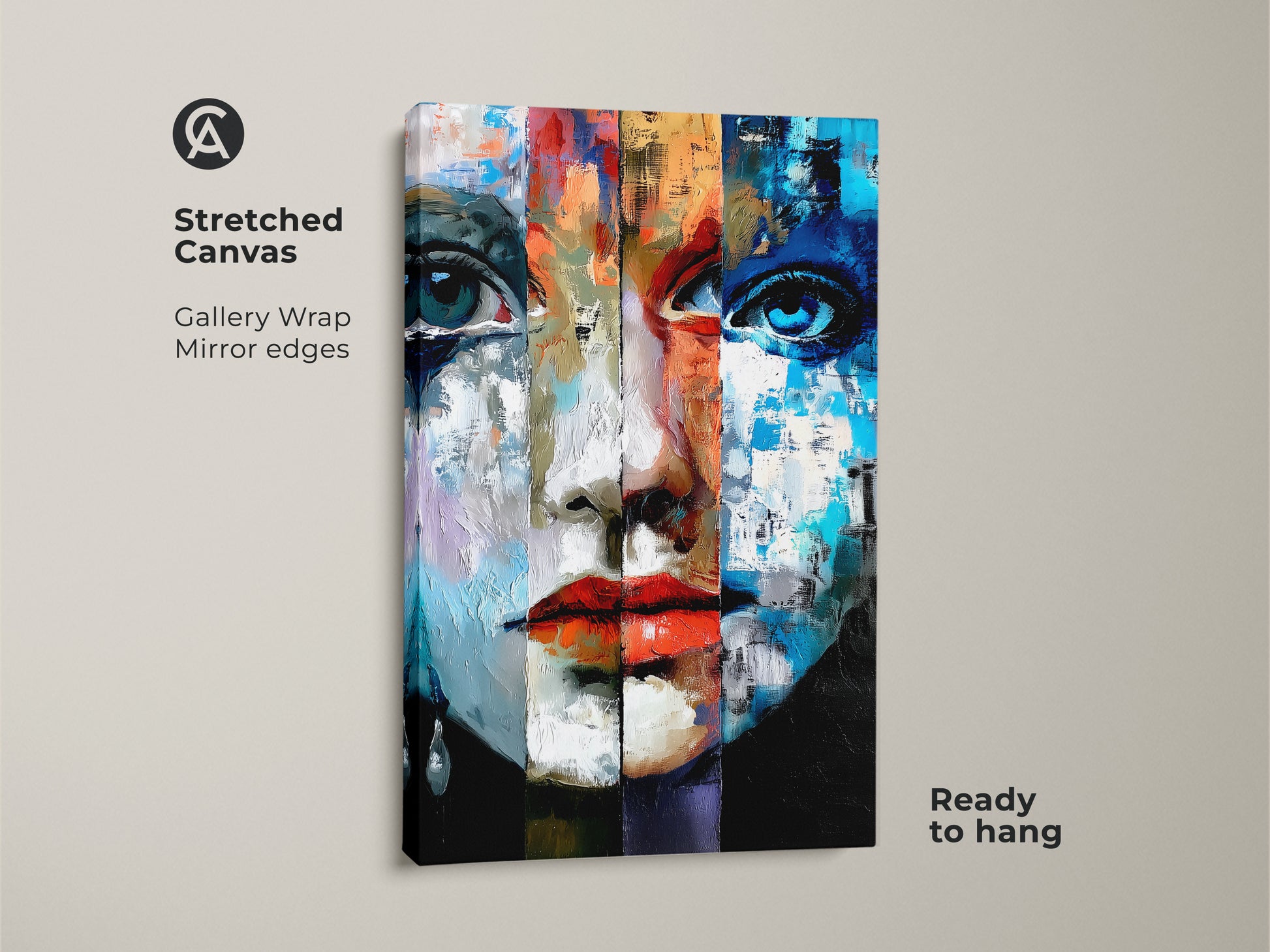 Stretched Canvas displays an abstract woman's face with Expressionist style. Gallery wrapped with mirrored edges this blue red and orange wall art is ready to hang. An eclectic home decor art adds color and artistic flair.