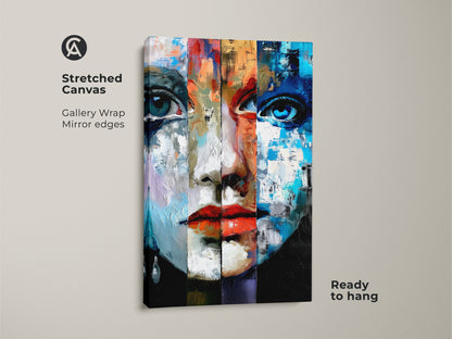 Stretched Canvas displays an abstract woman's face with Expressionist style. Gallery wrapped with mirrored edges this blue red and orange wall art is ready to hang. An eclectic home decor art adds color and artistic flair.