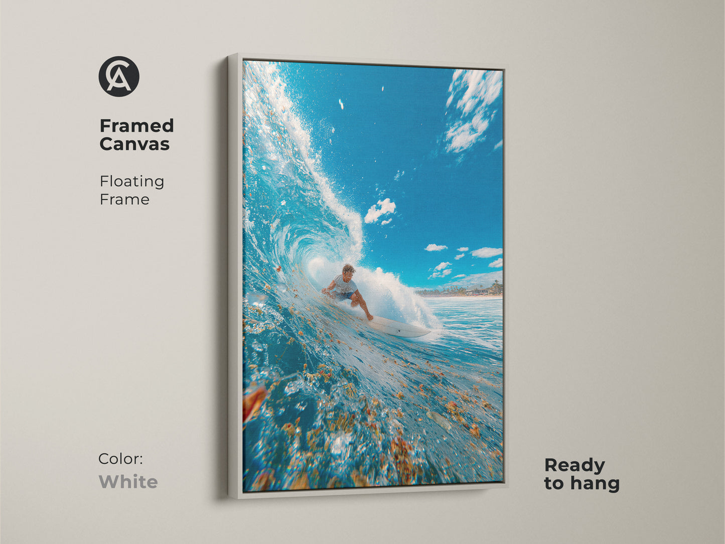 Framed canvas art with a white floating frame capturing a surfer in a wave. Ready to hang. The white frame creates a clean modern look. This artwork highlights the vibrant colors of the ocean and the surfer's skill. Ideal for adding a fresh coastal vibe to your home or office.