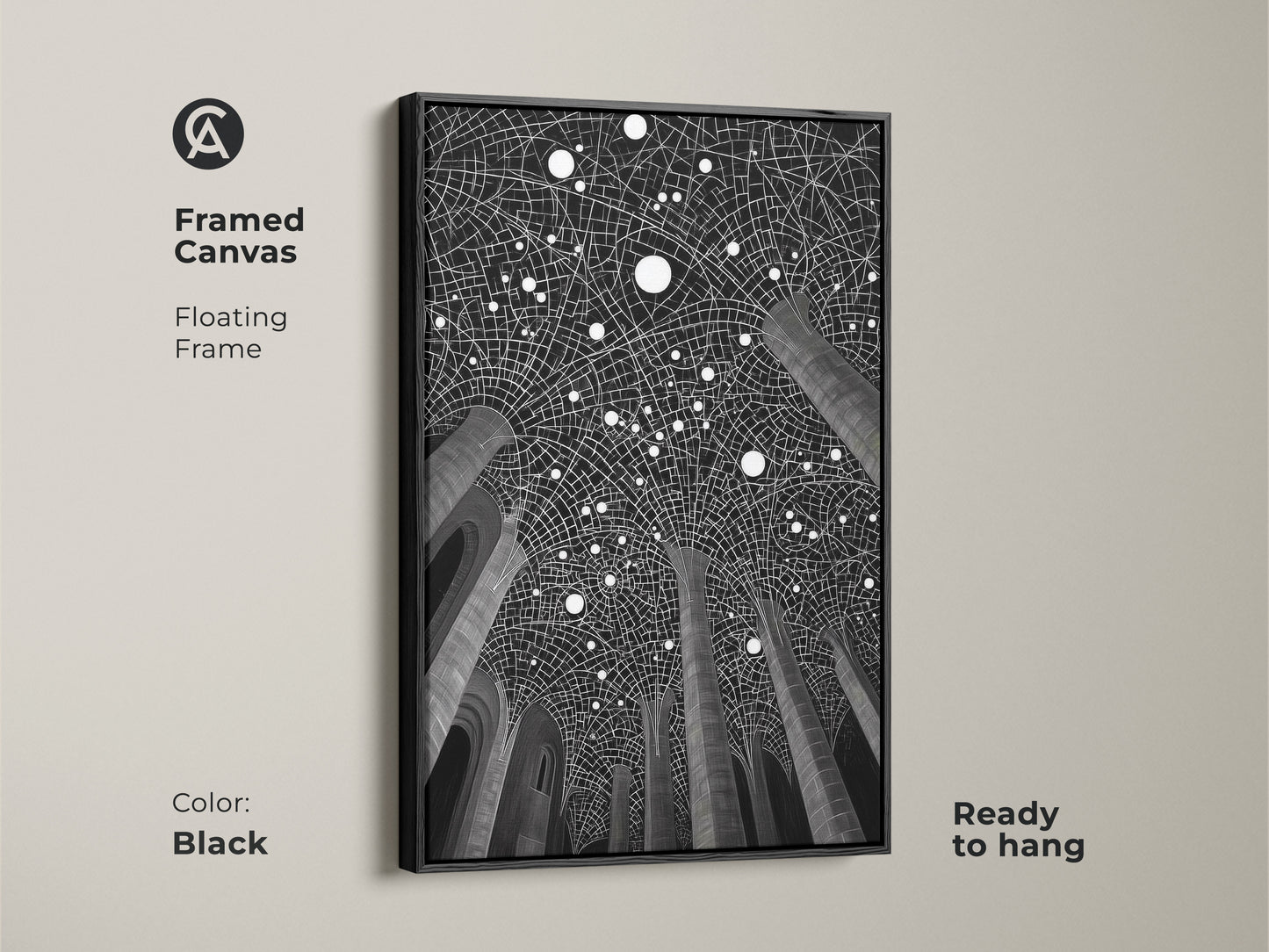 Framed canvas of contemporary geometric art. Black frame with floating frame. Showcasing modern architectural print. Ready to hang in an entry hall or office. The monochrome art is minimalist and striking.