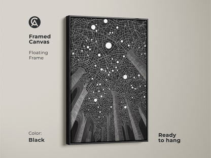 Framed canvas of contemporary geometric art. Black frame with floating frame. Showcasing modern architectural print. Ready to hang in an entry hall or office. The monochrome art is minimalist and striking.