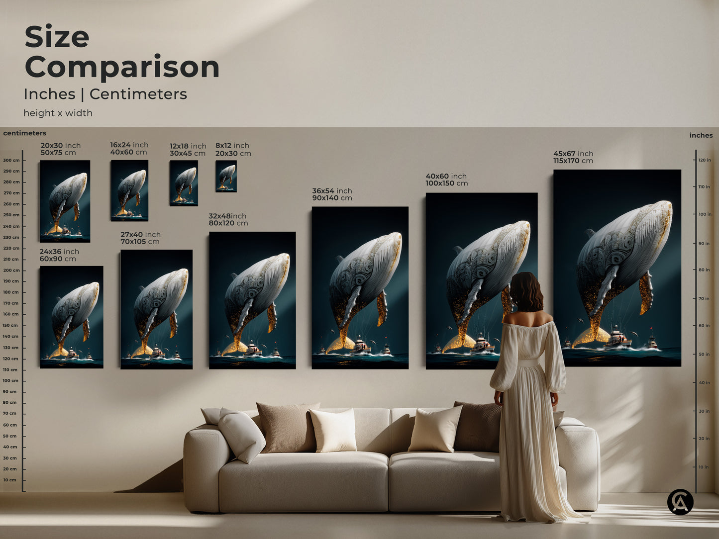 Size comparison of the surreal whale canvas print. See how the artwork fits above a couch in different sizes. Choose from 16x24 inch to 45x67 inch prints. This art adds a fantasy and nautical touch to any room. Perfect for eclectic home decor and ocean art lovers.
