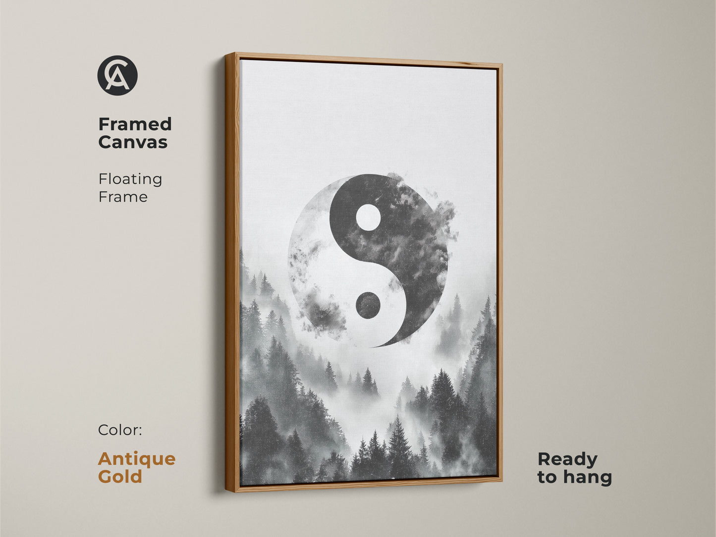 Framed canvas in antique gold showcasing Yin Yang wall art. Misty forest canvas print gives a monochrome nature artwork. The zen spiritual home decor is ready to hang.