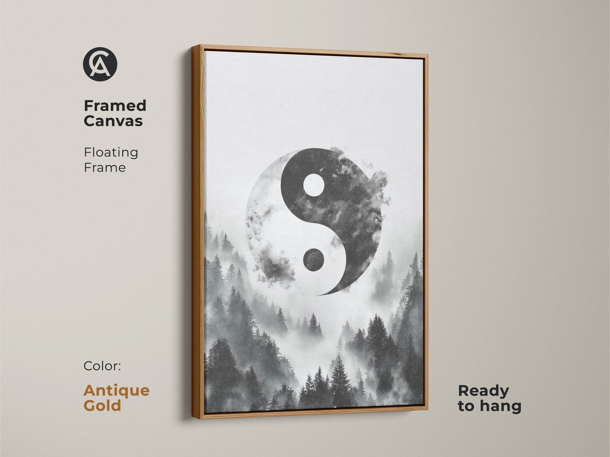 Framed canvas in antique gold showcasing Yin Yang wall art. Misty forest canvas print gives a monochrome nature artwork. The zen spiritual home decor is ready to hang.
