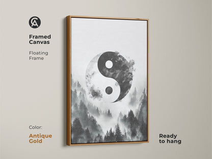 Framed canvas in antique gold showcasing Yin Yang wall art. Misty forest canvas print gives a monochrome nature artwork. The zen spiritual home decor is ready to hang.