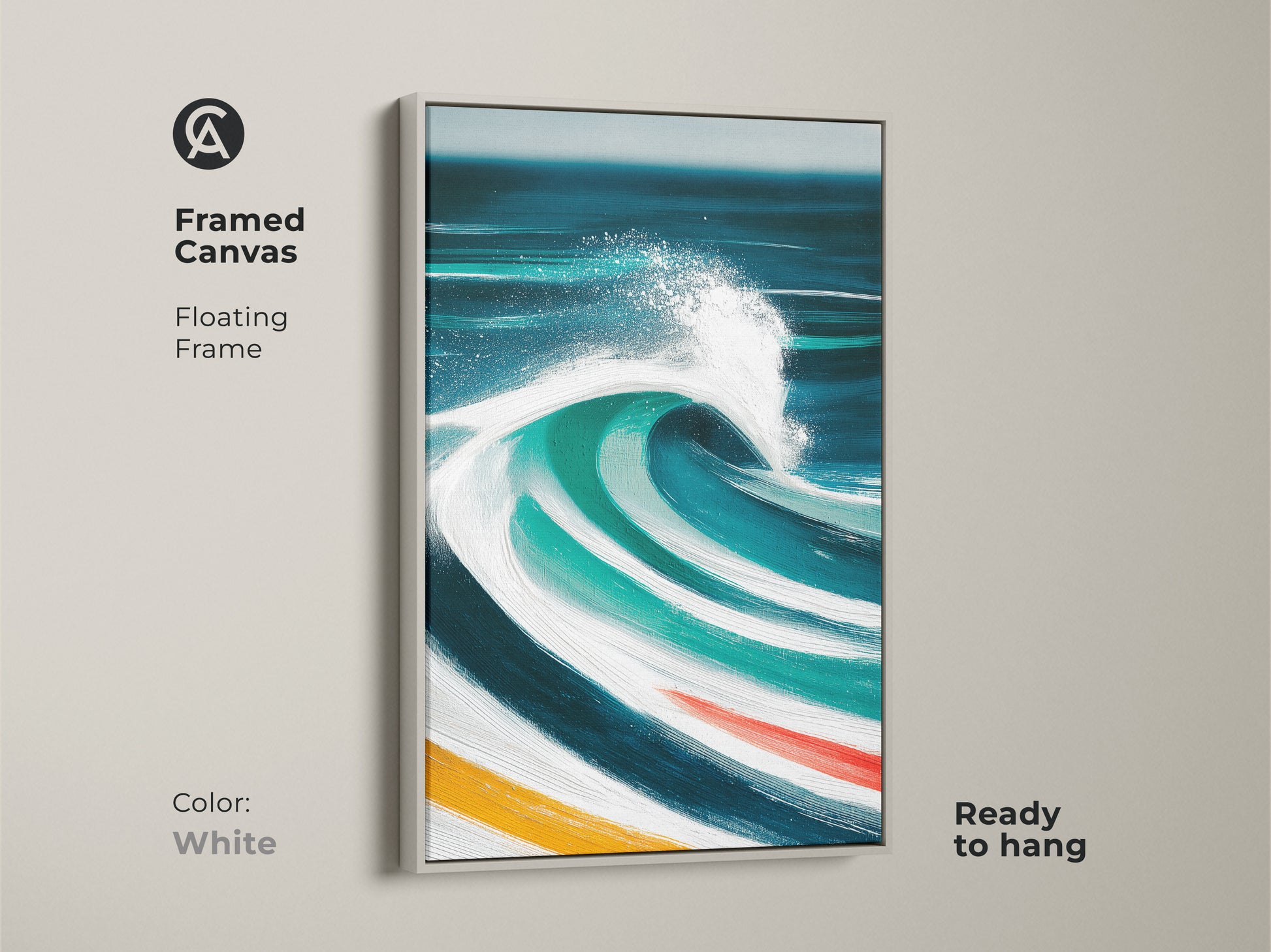 Framed artwork features an abstract ocean wave with a white floating frame. The modern artwork in deep blue teal and turquoise evokes a coastal feel. This canvas art is a great addition to any home or office creating a calm and stylish aesthetic. Ready to hang.