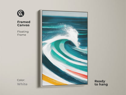 Framed artwork features an abstract ocean wave with a white floating frame. The modern artwork in deep blue teal and turquoise evokes a coastal feel. This canvas art is a great addition to any home or office creating a calm and stylish aesthetic. Ready to hang.