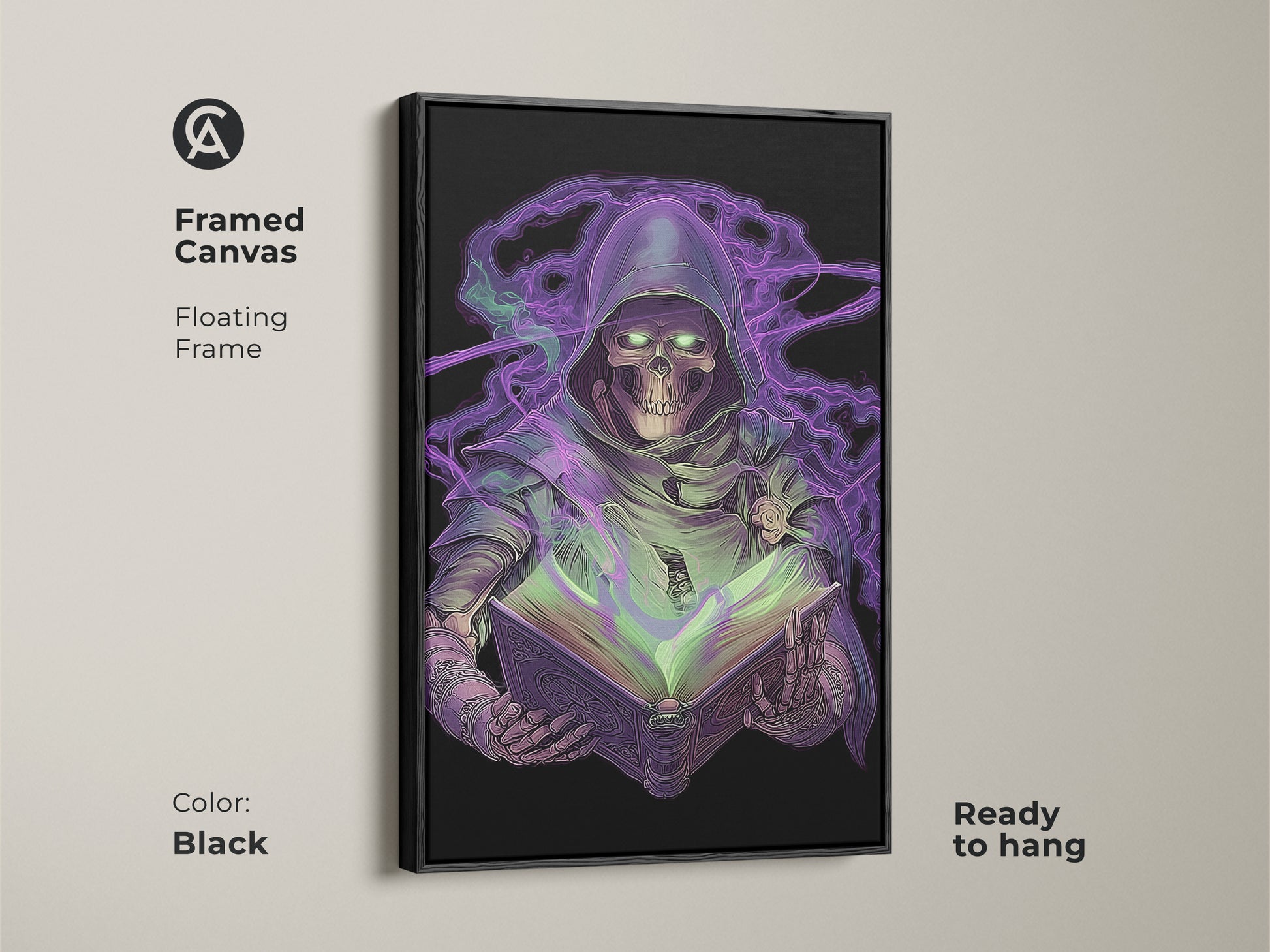 Framed canvas featuring neon purple Grim Reaper art. The gothic skeleton is engrossed in a spellbook. Black floating frame enhances the dark fantasy wall art. Ready to hang for office fantasy art. Perfect macabre home decor