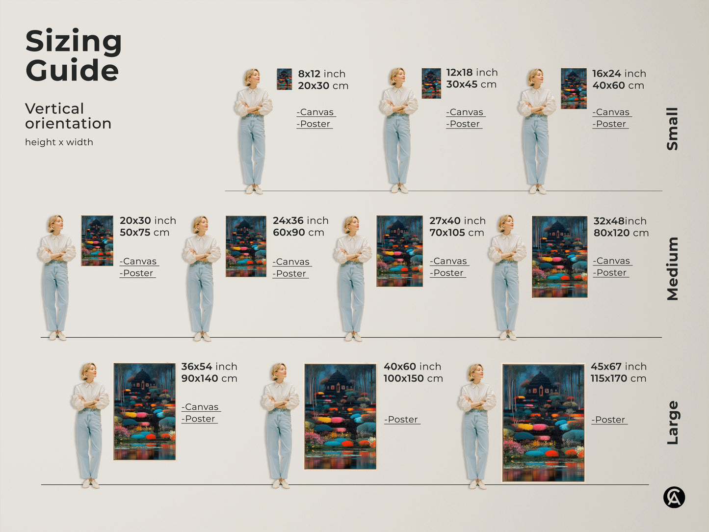 A sizing guide showing how the fantasy temple art print looks with small medium or large sizes. Find the ideal fit for your space. Perfect for adding a touch of nature inspired artwork to any room. Ideal housewarming gift.