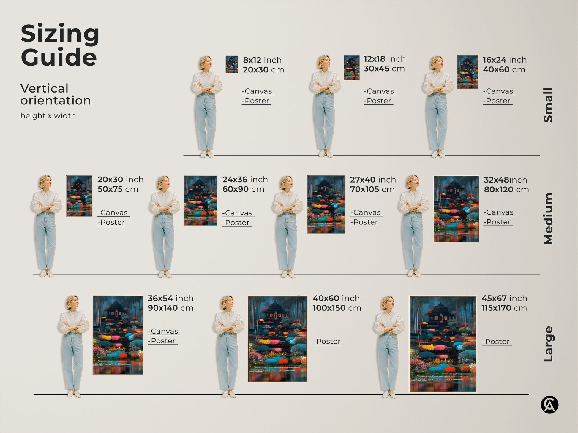 A sizing guide showing how the fantasy temple art print looks with small medium or large sizes. Find the ideal fit for your space. Perfect for adding a touch of nature inspired artwork to any room. Ideal housewarming gift.