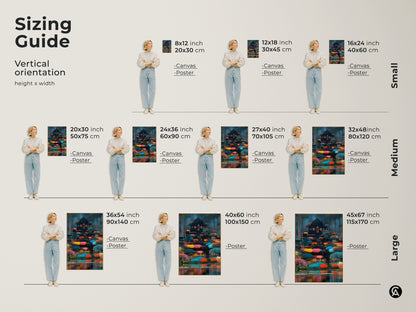 A sizing guide showing how the fantasy temple art print looks with small medium or large sizes. Find the ideal fit for your space. Perfect for adding a touch of nature inspired artwork to any room. Ideal housewarming gift.